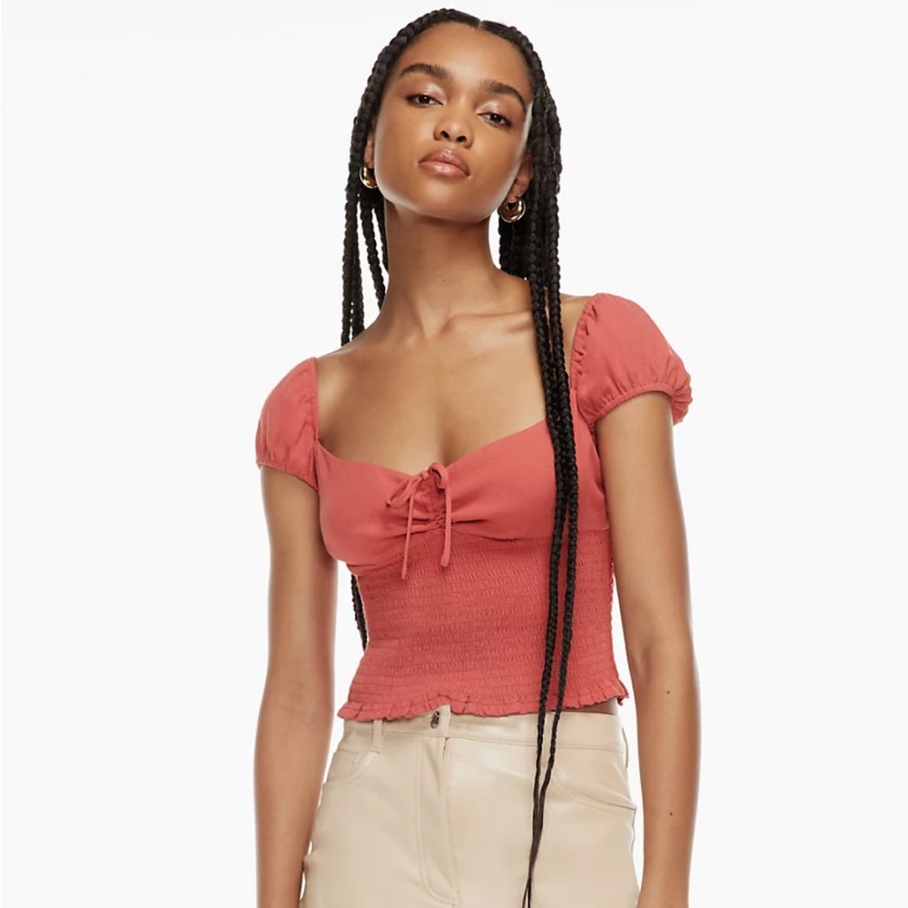 Wilfred Rust-Pink Smocked Tie-Front Puff Sleeve Crop Top